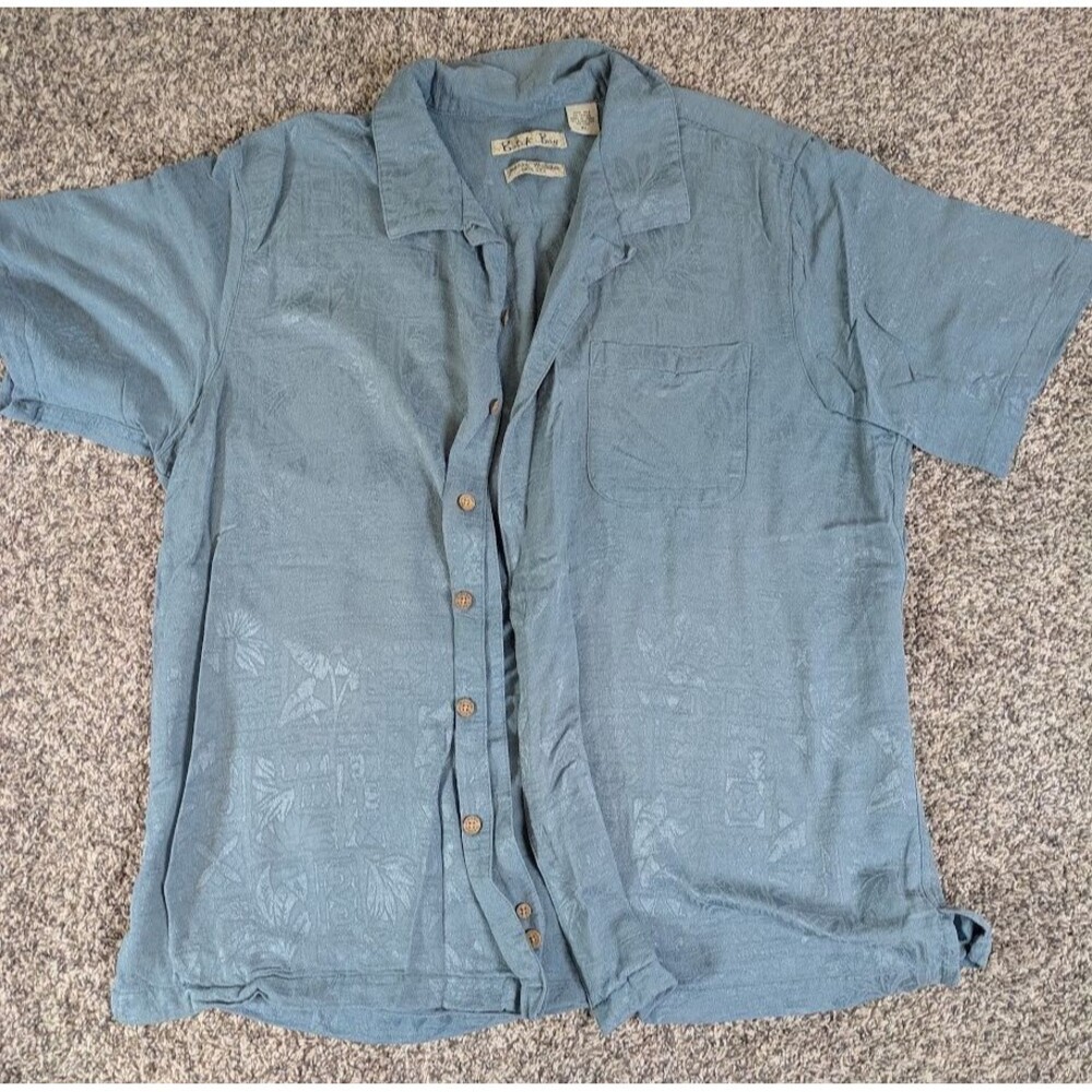 Batik Bay Button Up 100% Silk Shirt Aqua Mens XL Short Sleeve Button Up Collar